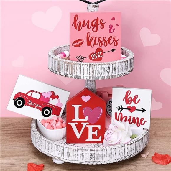 Valentine's Day Tiered Tray Decor Rustic Wooden Decorations Love Sign Set of 4 - Picture 4 of 7
